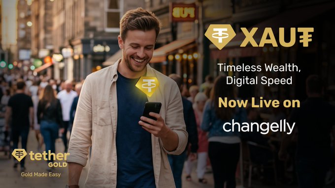 A smiling man checks his phone on a bustling city street, with a glowing Tether Gold (XAU₮) emblem superimposed on his chest. The promotional image announces "Timeless Wealth, Digital Speed — Now Live on changelly," highlighting Tether Gold's tagline "Gold Made Easy" alongside the XAU₮ ticker logo.