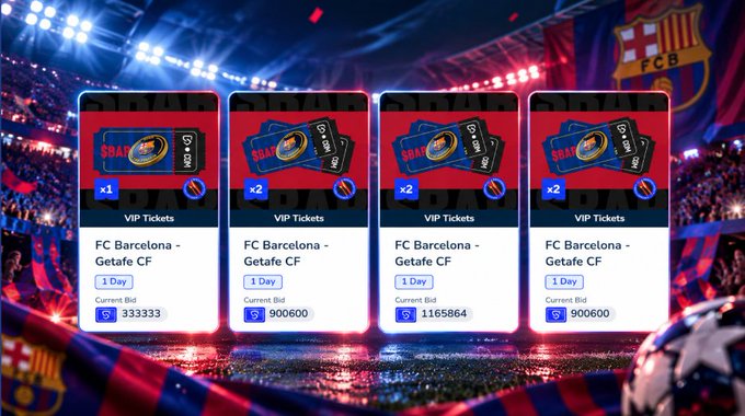 Promotional image showing four FC Barcelona Getafe CF VIP ticket listings on a digital marketplace with current bid prices of 333333, 900600, 1165864, and 900600, set against a stadium background with FC Barcelona flags.