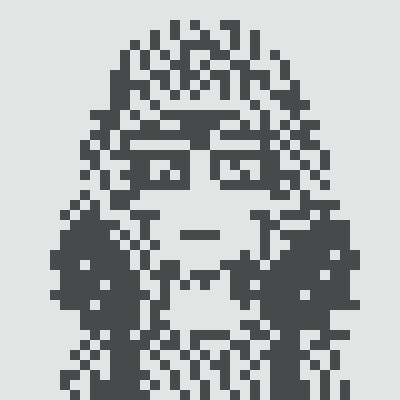 A pixel art black-and-white portrait of a hooded figure with glasses, rendered in a low-resolution retro style.