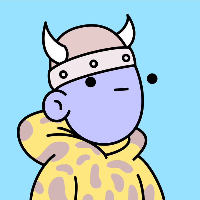 A cartoon illustration of a purple-skinned character wearing a horned Viking-style helmet and a yellow shirt with brown spots, set against a light blue background.
