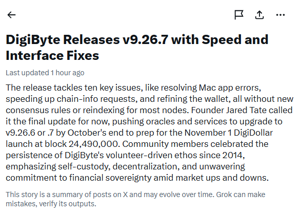 A news article titled "DigiByte Releases v9.26.7 with Speed and Interface Fixes" discusses a software update that addresses ten key issues, with founder Jared Tate pushing for a v9.26.6 or v9.26.7 upgrade by October to prepare for the November 1 DigiDollar launch.