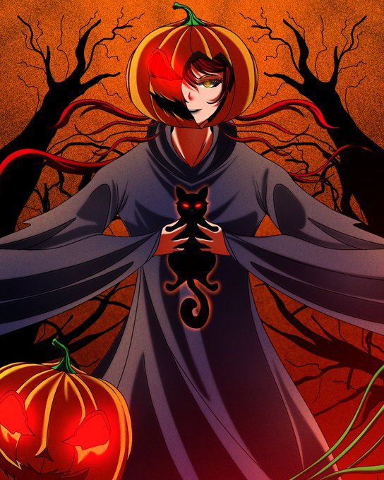 An anime-style illustration of a character with a pumpkin for a head, wearing a dark cloak, holding a black cat with glowing red eyes, set against an orange background with spooky leafless trees and a carved jack-o'-lantern at the bottom.
