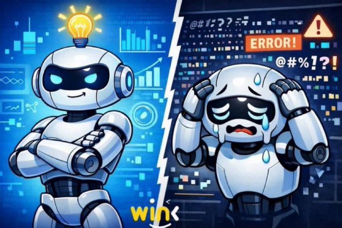 A cartoon illustration split into two parts, showing a confident robot with a lightbulb on the left and a stressed, crying robot with an 'ERROR!' message on the right, with a 'wink' watermark.