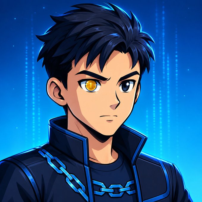 Anime-style portrait of a young man with dark blue hair and a glowing gold coin for his right eye, dressed in a dark blue jacket with chain details.