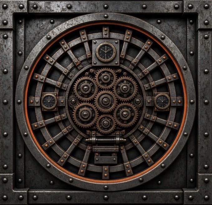 An intricate steampunk-style circular metal vault door featuring complex interlocking gears, analog clocks, and a central locking mechanism, rendered in dark iron with bronze accents.
