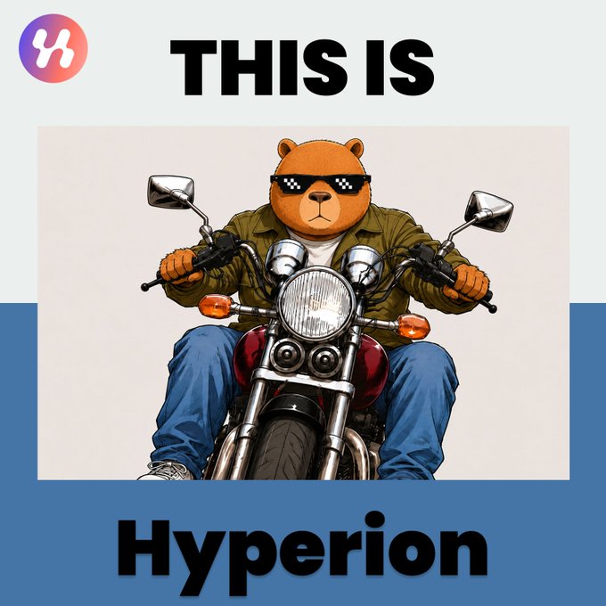 An illustration shows a bear wearing pixelated sunglasses and a green jacket riding a motorcycle, with the text 'THIS IS Hyperion' and a logo in the upper left.