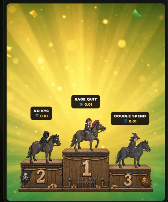 A cartoon podium displays the race results: "RAGE QUIT" takes 1st place with 0.01 SOL, "NO KYC" takes 2nd with 0.01 SOL, and "DOUBLE SPEND" takes 3rd with 0.01 SOL, matching the post's recap of race #10 on @horsefun_sol.