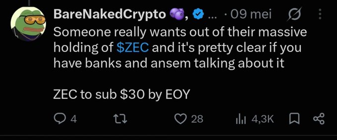 A tweet from BareNakedCrypto dated May 9 predicts that $ZEC will drop below $30 by end of year, claiming that banks and "ansem" discussing it signals a large holder is exiting—the post appears to be mocking this prediction by suggesting the user shilled the top.