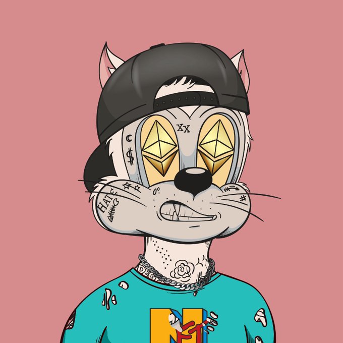 A cartoon cat-like character with a backwards black cap, dollar-sign eyes, facial tattoos, a rose neck tattoo, and a teal shirt against a pink background.