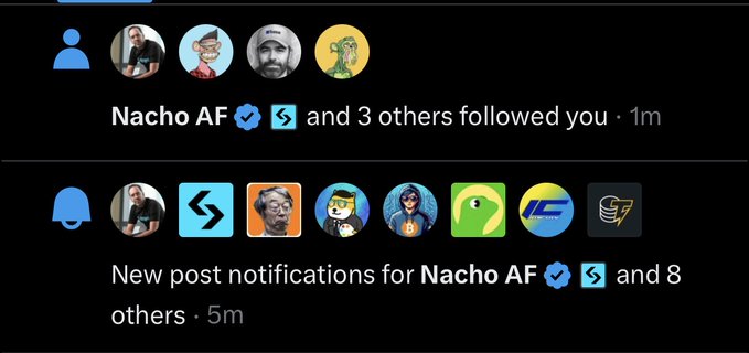 The image shows two posts on social media, one with a blue background and white text that says "Nacho AF" and another with a black background and white text that says "New notifications for Nacho AF". The first post has three people in it, while the second post has four people. Both posts are about the bull run starting soon.