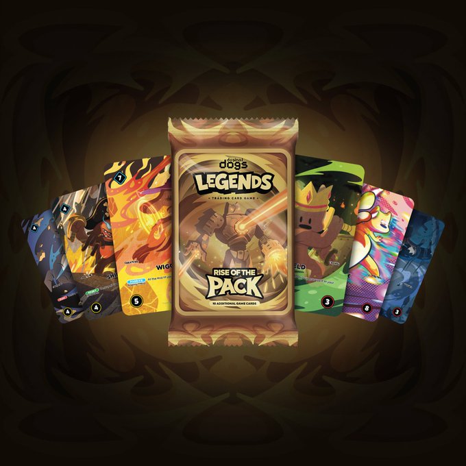 The "Dogs Legends" trading card game "Rise of the Pack" booster pack is displayed alongside several colorful cards, with the post announcing that the Doginal Dogs Legends TCG is now available for preorder after two years of development.