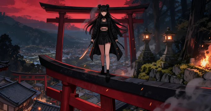 An anime-style illustration of a dark-haired woman in black holding a sword, standing atop a large red torii gate with a red sky and Japanese village in the background.