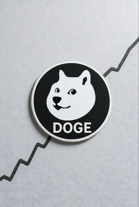 A circular black and white Dogecoin logo featuring the iconic Shiba Inu dog with the text "DOGE" beneath it is set against a crumpled paper background with a jagged line running through it, symbolizing a downward price trend. The image pairs with the post's bullish claim that Dogecoin won't stay under $0.10, contrasting the broken trend line with the optimistic message of an imminent price breakout.