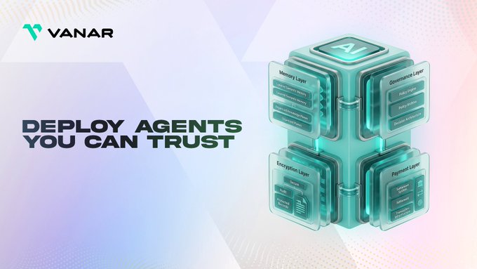 The image features a 3D rendering of a green cube with the text "Deploy agents you can trust" written above it, and "Memory. Governance. Encryption. Payments. Four capabilities that make agents production-grade." Below this, there is a list of four different capabilities within the agent stack. The post also mentions that the agent stack has been optimized for deployment in a cloud environment.