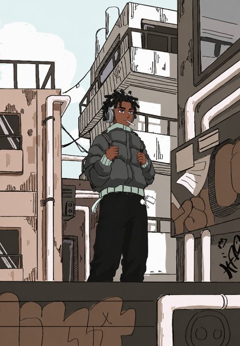An illustrated urban scene of a young person with dreadlocks, headphones, and a puffy jacket standing in an alleyway between concrete buildings with exposed pipes.