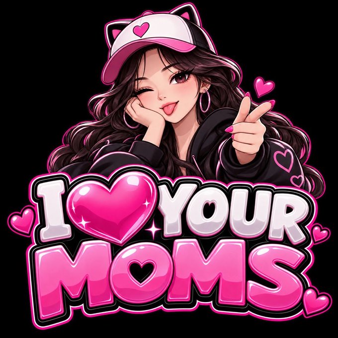 An anime-style girl wearing a pink and white cat-eared cap winks and makes a peace sign above the bold pink text 'I ❤️ YOUR MOMS' surrounded by hearts.