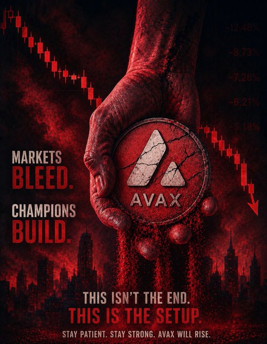 The poster features a hand holding a red coin with the Avax logo on it. Below the coin, there are three lines of text that read " Markets bleed. Champions build. This isn't the end. Stay patient, stay strong. Avax will rise." The image is set against a dark background and includes a city skyline in the distance.