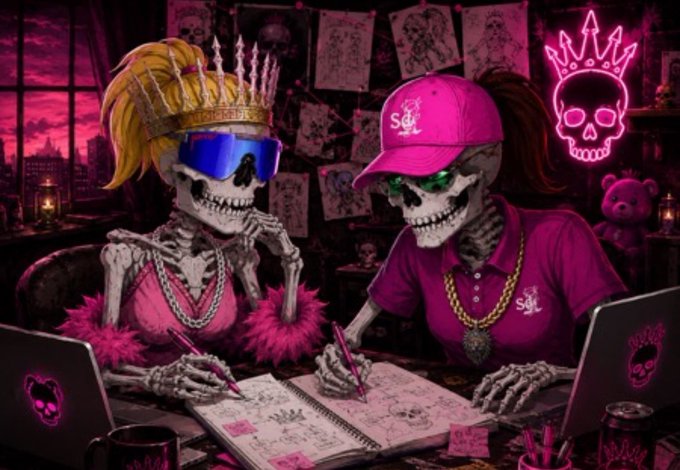 A stylized pink and purple illustration depicts two skeletons wearing crowns, sunglasses, and pink clothing, collaborating on a sketchbook with pens amidst a cluttered, graffiti-filled room featuring a neon skull sign.