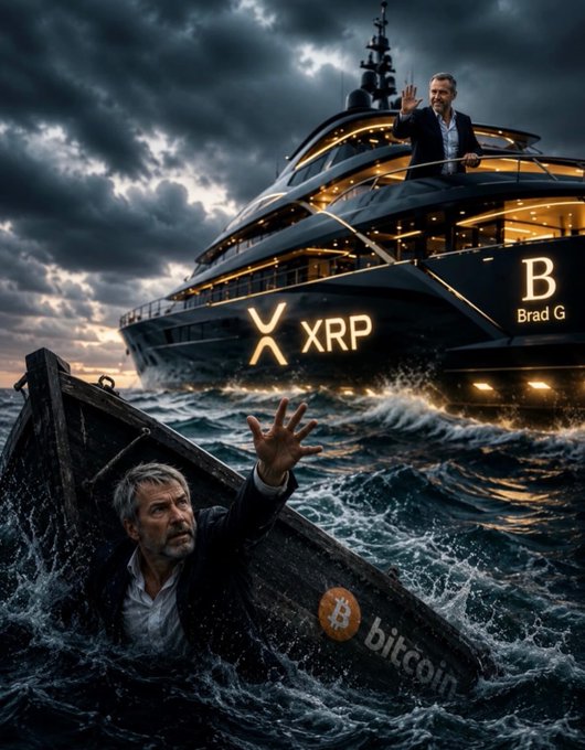 A dramatic image of a luxury yacht labeled 'XRP' with 'Brad G' on its hull sailing in stormy seas, while a man in a small lifeboat marked with the Bitcoin logo reaches out toward it.