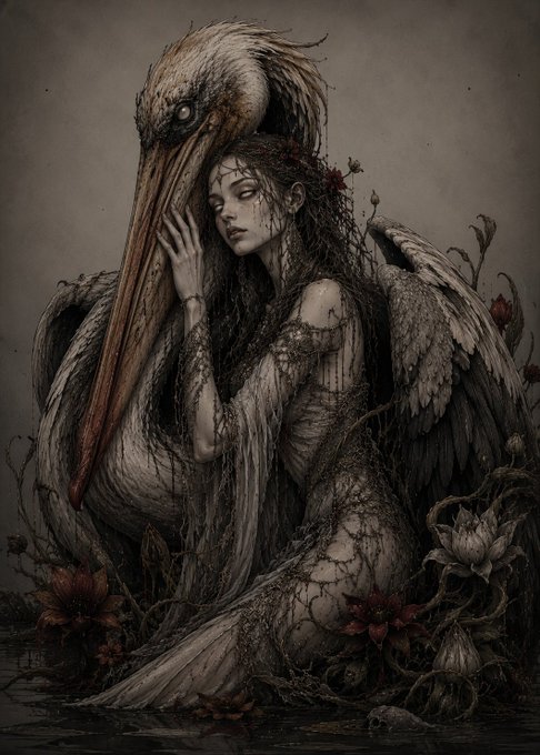 A dark, surreal illustration depicts a sorrowful woman with dark vines wrapped around her body, embracing a large pelican amid flowers and withered vegetation.