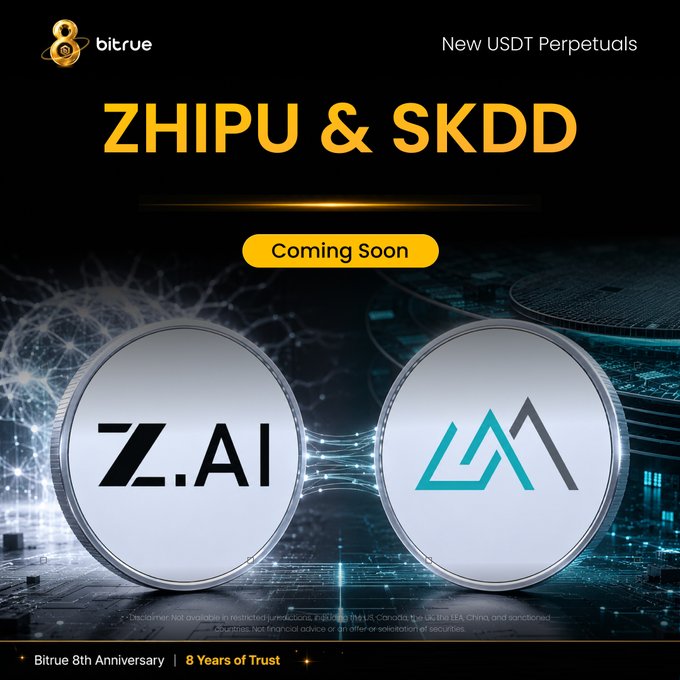 The image is a promotional announcement from Bitrue's 8th Anniversary featuring two large metallic coins labeled "Z.AI" (ZHIPU) and the SKDD logo, with text announcing "New USDT Perpetuals - ZHIPU & SKDD - Coming Soon" set against a futuristic blue circuit-board background.