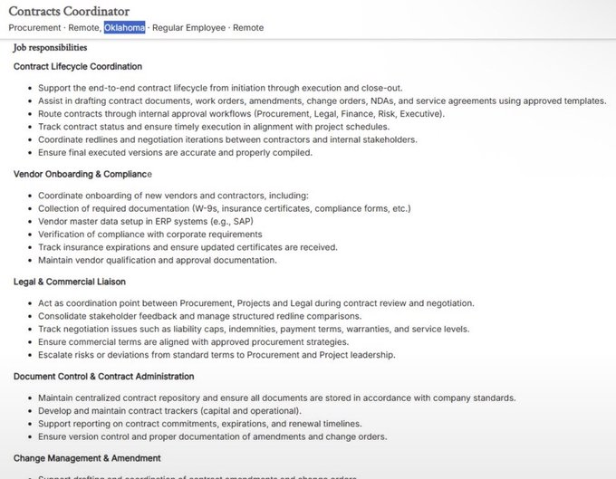 The image shows a job posting for a "Contracts Coordinator" position based in Oklahoma, with responsibilities including Contract Lifecycle Coordination, Vendor Onboarding & Compliance, Legal & Commercial Liaison, Document Control & Contract Administration, and Change Management. The listing, related to $IREN, highlights the company's expansion by revealing key infrastructure roles being built out to support its data center operations and capital/operational contract management.