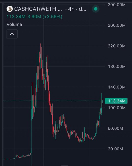 A cryptocurrency trading chart showing the CASHCAT/WETH pair with a 4h timeframe, displaying a volume of 113.34M and a 3.56% gain, with a prominent price spike and subsequent recovery.