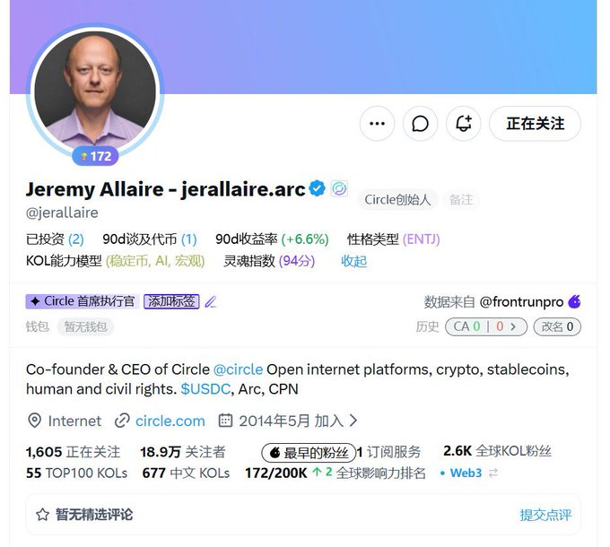 A screenshot of Jeremy Allaire's (@jerallaire) Twitter/X profile page, showing his role as Co-founder & CEO of Circle with 189,000 followers, and tags indicating he's been invested in twice and has a 94 "soul index" score. The image relates to the post as it features the Circle CEO whose CRCL token is recommended for bridging onto the Arc chain.