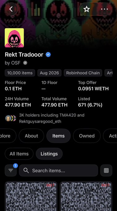 Mobile screenshot of an NFT collection page for 'Rekt Tradooor by OSF' on Robinhood Chain, showing 10,000 items, 0.1 ETH floor price, and 477.90 ETH volume.