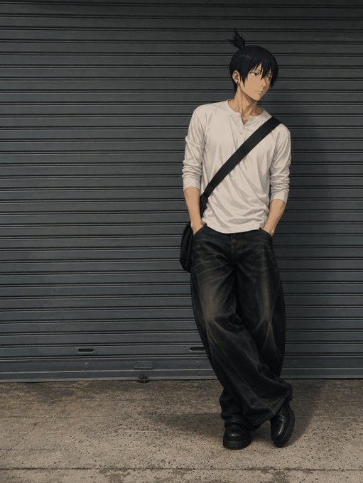 A young man with dark hair tied up leans casually against a gray metal shutter, wearing a white long-sleeve henley shirt, baggy black pants, and a crossbody bag, looking off to the side. The image's relaxed, urban "off-duty" vibe pairs perfectly with the casual sign-off "gn frens, enjoy your weekend," conveying a laid-back, end-of-day mood.