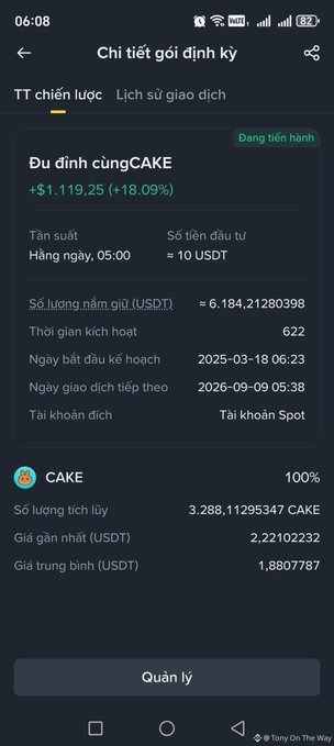 A Vietnamese-language mobile app screen showing subscription details for 'CAKE' token, displaying a positive return of +$1,119.25 (+18.09%) and an investment of approximately 10 USDT.