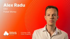 Professional headshot portrait of a young man with text identifying "Alex Radu, CEO, Pulse Money" against an orange backdrop with "connecte. " and "symphonear".com branding.