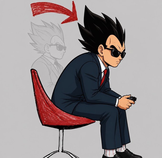 A digital sketch of a spiky-haired anime character wearing sunglasses and a dark suit, sitting on a red chair and holding a game controller, with a red arrow pointing down toward them.