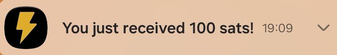 A notification on a beige background with a lightning bolt icon stating 'You just received 100 sats!' timestamped 19:09, referencing a Bitcoin Lightning payment.