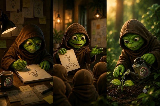 The image shows a series of three photos depicting a green frog character with a drawing of a plant, surrounded by other green characters who are engaged in various activities such as writing or drawing. The first photo shows the frog holding a pencil and paper, while the second photo captures him holding a watering can. The third photo depicts the frog holding a plant. The post encourages creativity and collaboration among the characters, suggesting that they work together to create something new and innovative.