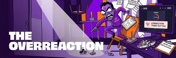 An animated banner titled 'THE OVERREACTION' showing a stressed cartoon character at a desk with cancelled notices, while a spotlight reveals an ant, with a DEX screen showing 'CONNECTION TIMED OUT (5s)'.