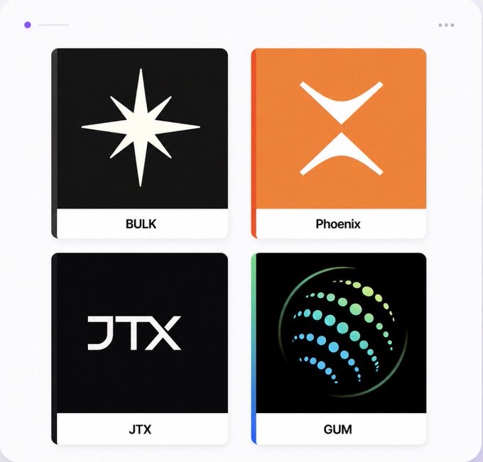 A grid of four app or brand icons is displayed: 'BULK' with a white star on black, 'Phoenix' with an X symbol on orange, 'JTX' in white text on black, and 'GUM' featuring a dotted globe design.