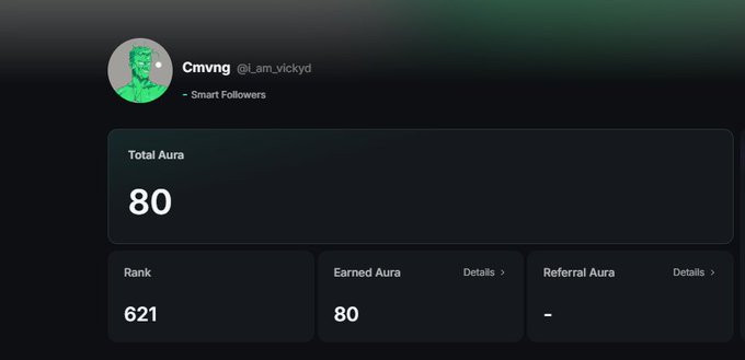 A Farcaster user profile for 'Cmvng (@_iam_vickyd)' showing a Total Aura of 80, Rank 621, with 80 Earned Aura and no Referral Aura.