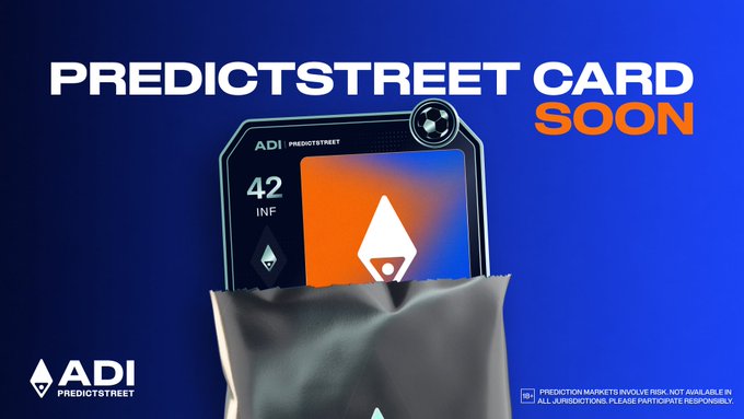 The image features a cell phone with an orange triangle on its screen, which appears to be a Predictstreet Card. The card has a blue background and white text that reads "PredictStreet Card soon" along with the number "42". The cell phone is placed inside a black bag or envelope, suggesting it's ready for use.