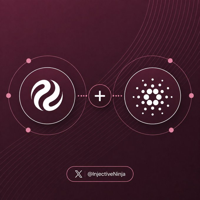 A dark maroon graphic shows two crypto logos connected by a plus sign, with '@InjectiveNinja' displayed at the bottom next to an X (Twitter) icon.