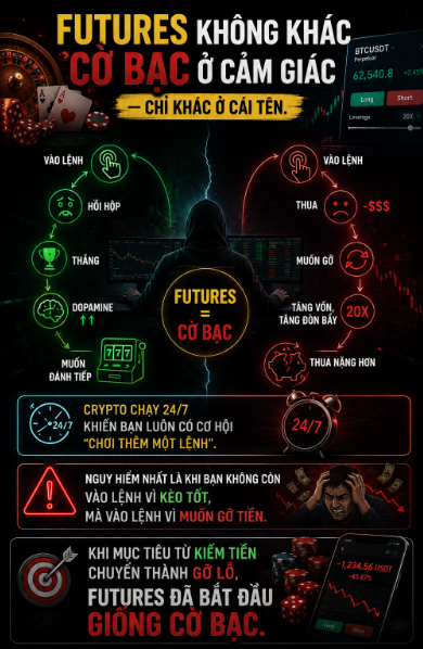 A Vietnamese-language infographic titled 'FUTURES KHÔNG KHÁC CỜ BẠC Ở CẢM GIÁC — CHỈ KHÁC Ở CÁI TÊN' comparing futures trading to gambling, featuring a BTC/USDT trading screen.