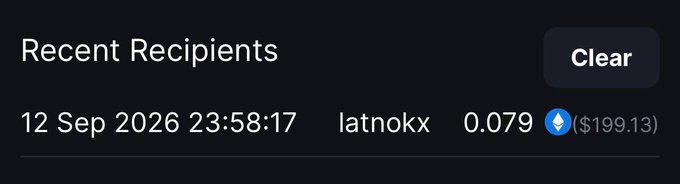 A dark-themed "Recent Recipients" interface showing a transaction entry dated 12 Sep 2026 23:58:17, with 0.079 ETH (approximately $199.13) credited to user "latnokx," visually confirming the $200 Metawin giveaway prize noted in the post.