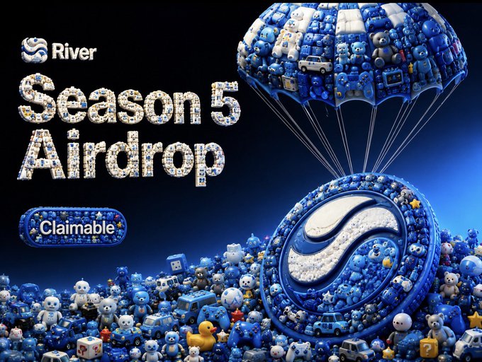 A promotional graphic for River's 'Season 5 Airdrop' featuring a 'Claimable' button, with a blue-themed 3D illustration of a parachute and coins surrounded by collectible toys.