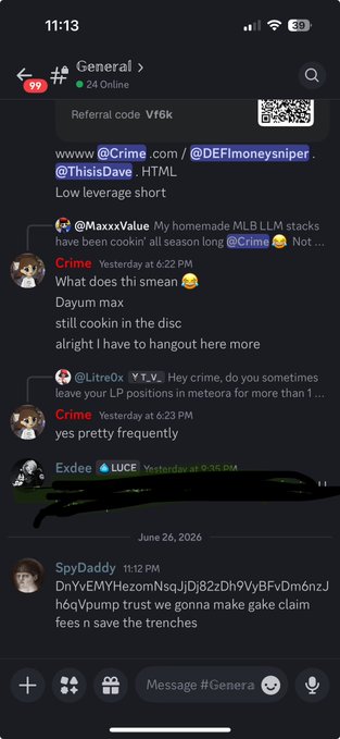 A Discord chat in the "General" channel shows users @ThisisDave and @DEFlmoneysniper discussing a "Low leverage short," while @MaxxxValue mentions MLB LLM stacks and @Crime replies asking about "cookin' all season long," with a later message from SpyDaddy referencing $qVpuMP trust — aligning with the post's mention of a small shill in @crimexbt's Discord.