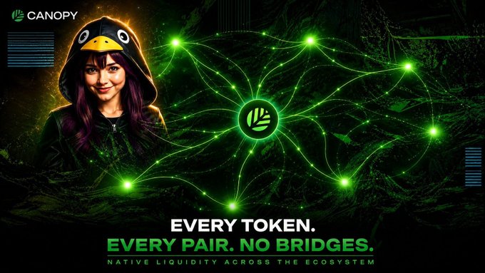 A promotional banner for Canopy featuring a woman in a penguin hoodie, with the tagline 'EVERY TOKEN. EVERY PAIR. NO BRIDGES. NATIVE LIQUIDITY ACROSS THE ECOSYSTEM'.