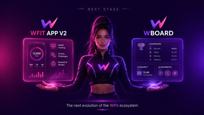 A promotional graphic for the 'WFit' fitness app featuring a woman in athletic wear, displaying 'WFit App V2' features (Health Tracking, Activity Challenges, Rewards & Streaks) and 'WBoard' (Leaderboard, Community, Achievements), with the tagline 'The next evolution of the WFit ecosystem'.