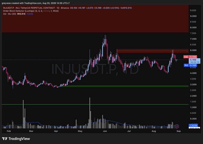 A TradingView candlestick chart for INJUSDT.P (Injective perpetual contract) on Binance, showing price action from February through August with order block indicators and volume bars.