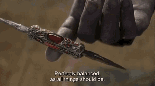 Thanos holds up his Infinity Gauntlet dagger, proclaiming "Perfectly balanced, as all things should be" — visually echoing the post's message about balance between the Store-of-Value and onchain business camps in crypto.