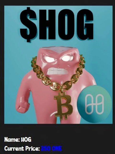 A pink toy that looks like a monster with chains for arms, holding a coin. The toy also has a "HOG" necklace around its neck. A blue circle is located near the top right corner of this toy. In the bottom left corner of the image, there is a list containing the text: "Name: HOG Current Price: $20", stating that the item is priced at 20 dollars one. The caption reads: "Uniswap v3 DEX Main LPs $ONE - HOG".