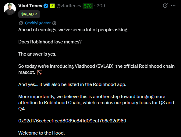 A screenshot of a tweet from Vlad Tenev (@vladtenev) announcing the launch of "Vladhood ($VLAD)," described as the official Robinhood chain mascot token, including a contract address (0x92d176ccbeeefecd8089e841d09ea17b6c22d969). The accompanying post suggests the account may have been hacked, noting the unusual nature of a CEO announcing a meme coin and the lack of confirmation from Robinhood's official account.